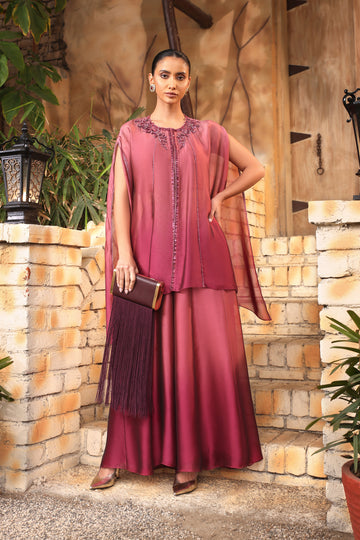 OMBRE ROUGE CAPE SET WITH PANEL SHARARA