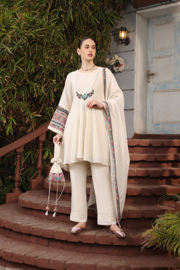 IVORY SILK SUIT SET WITH STRAIGHT PENTS