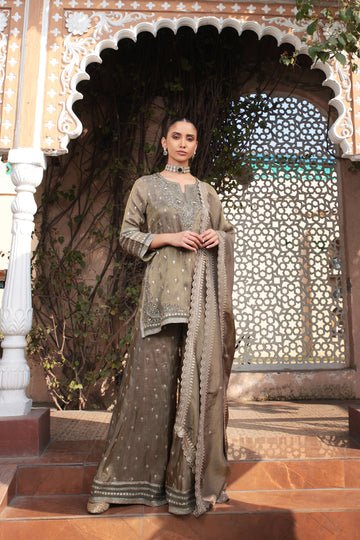 DARK OLIVE BANARSI KALI SHARARA SET