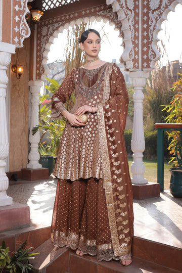 BROWN BANARSI KALIDAAR SHARARA SET